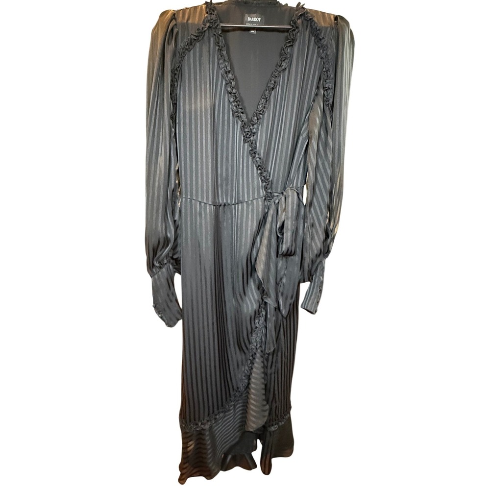 Bardot Black Striped Satin Wrap Midi Dress Ruffle Trim Long Sleeve US 10 L